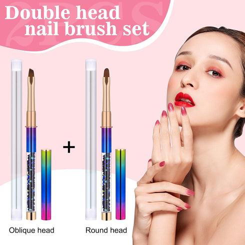 2pcs Nail Art Clean Up Brushes, Painting Brushes for Nails with Round & Angled Head Acrylic Nail Brush Pen Painting Tools for Women Nail Art Desig...