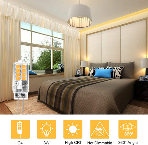 G4 LED Bulb Warm White 3W Equivalent to 20W 30W Halogen Bulbs, 360° Beam Angle AC/DC 12V G4 Bi-Pin LED Light Lamp, Not Dimmable, No Flicker, 10 Pa...