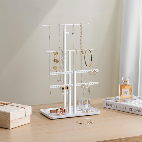 Jewelry Holder Organizer Stand - Adjustable Jewelry Tree 17.5" Height (Max), Jewlery Hanger for Necklaces, Bracelets, Earrings, Stainless, White...