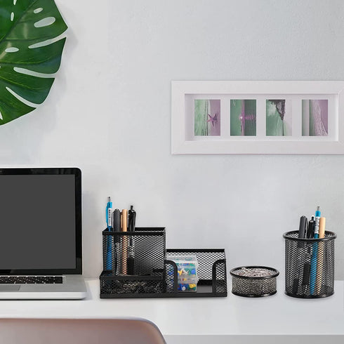 Desk Organizer Caddy, 3 Compartments Pen Holder, Metal Office Supplies Organizer for Office Home School (Black)...