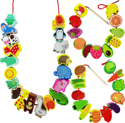 46Pcs Wooden Animals Fruits Vegetables String Threading Beads,Include 42Wooden Lacing Beads 4String Ropes,Montessori Toddler Preschool Activities ...