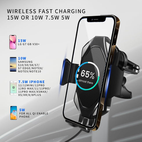 Wireless Car Charger, Qi Auto-Clamping Air Vent Dashboard Car Phone Holder & QC3.0 Car Charger, 15W Charging for iPhone 13/12/11/11 Pro Max?Compat...