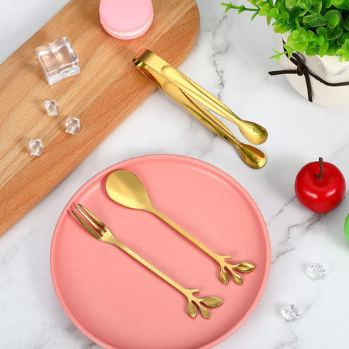 Leaf Coffee Spoons, Mini Serving Tongs and Appetizer Forks Stainless Steel Sugar Cube Tongs Dessert Spoons Metal Dinner Forks for Dessert Coffee T...