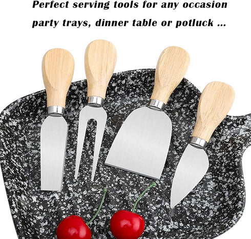 Charcuterie Accessories, 4 PCS Cheese Knives Set with Wood Handle, Stainless Steel Cheese Slicer/Cheese Cutter (Cheese Knife, Shaver, Fork and Spr...