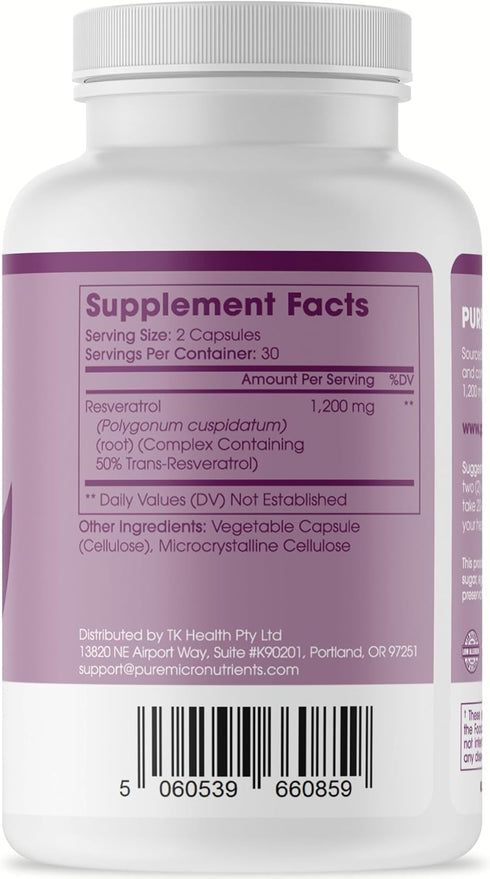 Pure Micronutrients - Pure Resveratrol Supplement - Extra Strength 1200mg Trans-Resveratrol - for Anti Aging, Heart & Immune Health - 60 Vegan Cap...