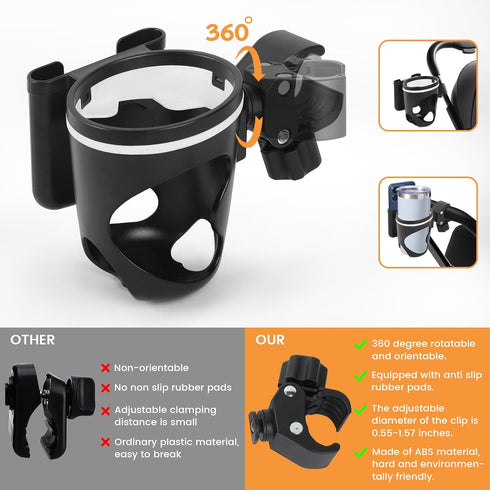 Stroller Cup Holder with Phone Holder, 2-in-1 Cup Phone Holder for Stroller, Bike, Wheelchair, Walker, Scooter, 360° Rotatable Large Caliber Desig...