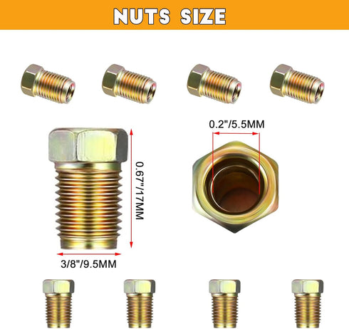 3/8 Inch-24 Threads Brake Line Fittings Assortment for 3/16 Inch Tube set of 2(8 Unions, 16 Nuts)...