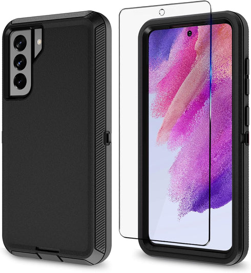 MMY Case for Samsung Galaxy S21 FE Case + Tempered Glass Screen Protector Heavy Duty Shockproof Drop Dust Proof 3 in 1 Defender Black...