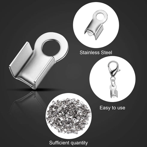 Syhood 300 Pieces 304 Stainless Steel Fold Over Cord Ends Cord Crimp Tips Fold-Over End Caps Leather Ribbon Clasp Tips Jewelry Connector for Jewel...