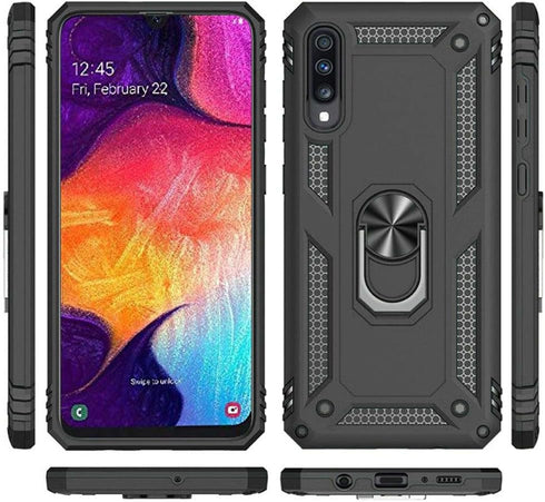 TJS Compatible with Samsung Galaxy A50 2019 Case, with Tempered Glass Screen Protector Metal Ring Magnetic Support Kickstand Heavy Duty Drop Prote...