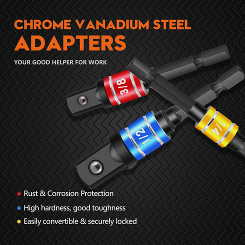 3Pcs Impact Grade Driver Sockets Drill Adapter Extension Set 1/4", 1/2", 3/8 Reducer Set Turns Power Drill Into High Speed Nut Driver Socket to Dr...