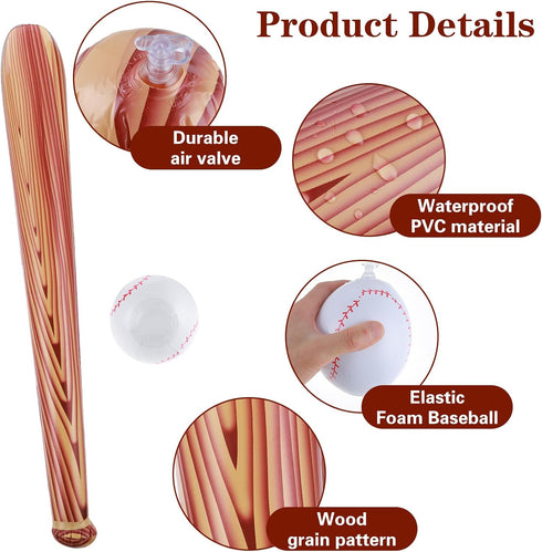 3 Pcs Baseball Beach Ball Baseball Bat Inflates, Including Beach Ball Baseball and 2 Pcs 30 Inch Inflatable Baseball Bat, Baseball Party Favors fo...