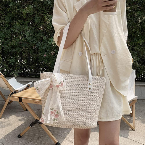 Women Large Straw Beach Tote Bag Summer Hand-woven Bags Shoulder Bag Leather Handle Beach Handbags with Cute Lace Bow Small (White)...
