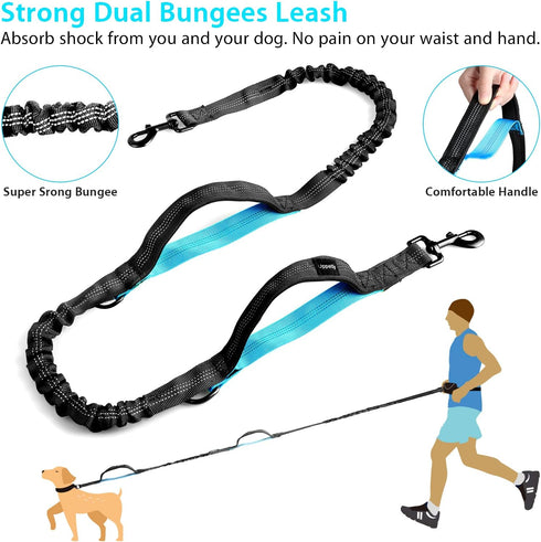 Hands Free Dog Running Leash with Zipper Pouch, Dual Handle, Elastic Bungees Retractable Rope for Medium and Large Dogs, Waist Bag Pack Carry All ...