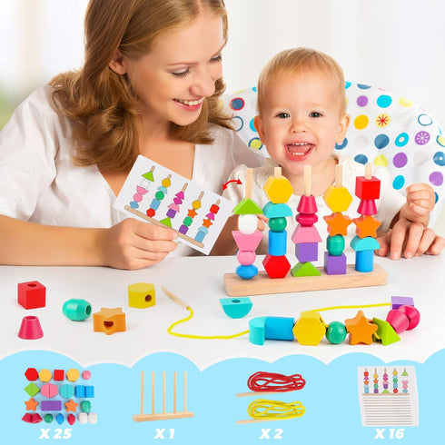 Montessori Wooden Beads Sequencing Toy Set, Stacking Blocks & Lacing Beads & Matching Shape Stacker for 2 3 4 5 Year Old STEM Preschool Learning M...
