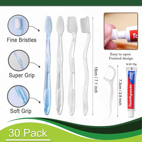 30 pcs Disposable Toothbrushes with Toothpaste Floss Individually Wrapped, 2 Color Disposable Toothbrush, 10g Toothpaste, Dental Floss Pick, Bulk ...