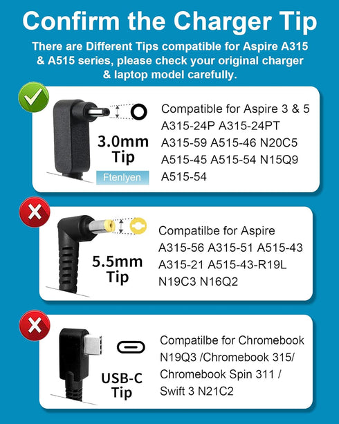 Laptop Charger Compatible with Acer Aspire 3 5 Series A315 A515 A315-24P A315-24PT A315-59 A515-46 A515-45 A515-54 N20C5 N15Q9 A315-24P-R7VH AG15-...