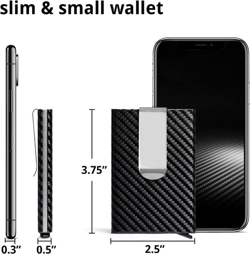 Slim Wallet for Men with Money Clip and Credit Card Holder, RFID Blocking Carbon Fiber Wallet,Minimalist Pop-Up Metal Front Pocket Wallet. (Black)...