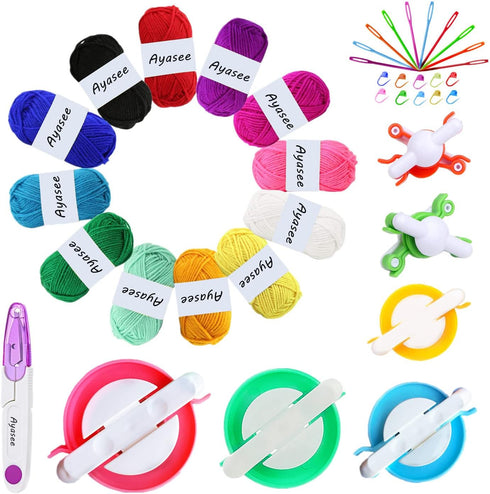 Pompom Maker kit, 6 Sizes Pom pom Makers for Fluff Ball Weaver Needle Craft DIY Wool Knitting Tool +12PS Acrylic Yarn+10PS Knitting Markers+10PS N...