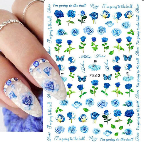 Flower Nail Art Stickers Decals 6Sheets Spring Rose 3D Self-Adhesive Nail Stickers Flowers Rose Butterfly Design Nail Decals for Nail Art Women Gi...