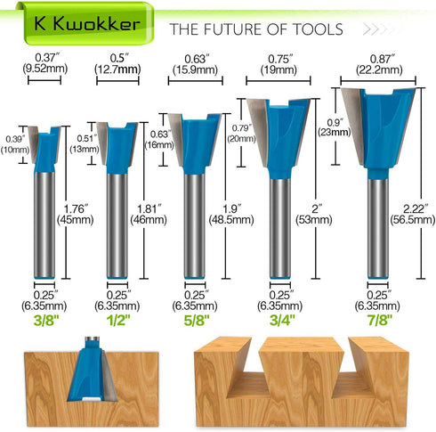 Dovetail Router Bit 1/4 Shank, Dovetail Jig for Router, 1/2" 3/4" 3/8" 5/8" 7/8" Dia Wood Milling Cutter Tool for The Construction of Boxes Drawer...