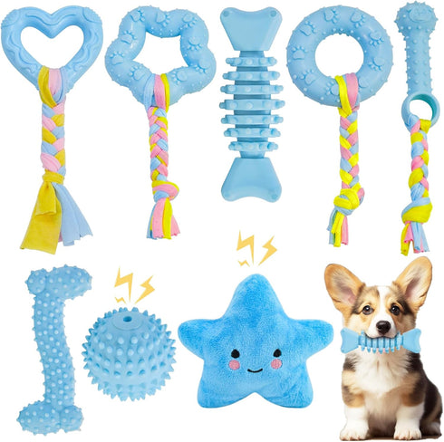 Puppy Toys, 8 Pack Puppy Chew Toys for Teething, Cute Blue Small Dog Toys Set, Teething Toys for Puppies, Soft Durable Interactive Chew Toy for Sm...