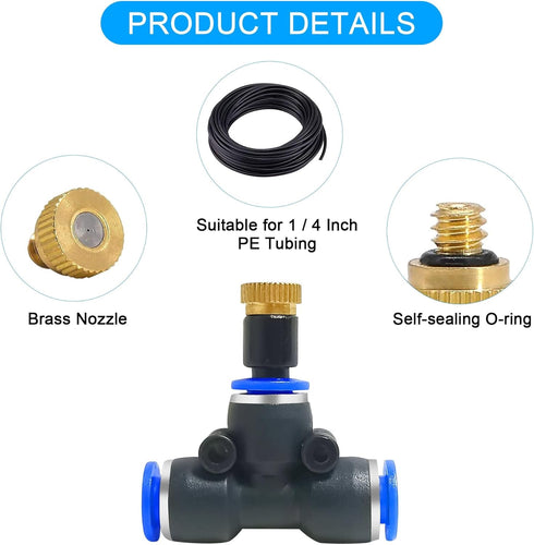 POCKET PANDA Mister Nozzle Replacement Kit, 10 Pcs Outside Brass Mist Nozzles & Tees for 1/4'' Hose, Outdoor Water Misting Cooling System Sprinkle...