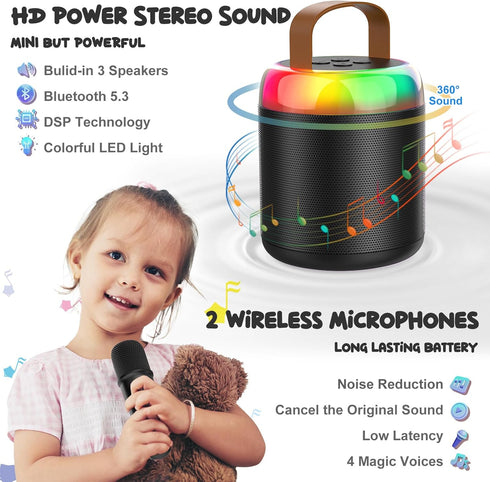 Mini Karaoke Machine for Kids Portable Bluetooth 5.3 Speaker Led Lights with 2 Wireless Microphones Karaoke Gifts for Girls Boys Audlt Birthday Ch...