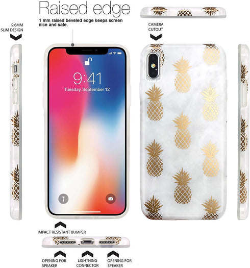 JAHOLAN Compatible iPhone Xs Max Case Shiny Rose Gold Pineapples Marble Design Clear Bumper TPU Soft Rubber Silicone Cover Phone Case for iPhone X...