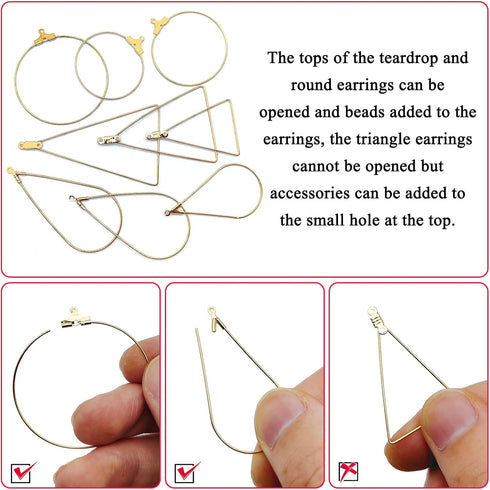YaeYur 90Pcs K Gold Beading Earring Hoop for Jewelry Making Teardrop Round Triangle Beading Hoop Earrings Beading Hoop Earring Finding Geometric B...