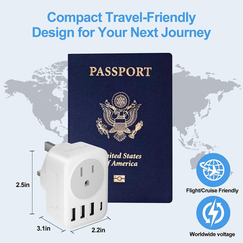 UK Ireland Travel Plug Adapter, RATEA Type G Power Adaptor with 3 USB-A, 1 USB-C Outlet Charger for US to Scotland London England British Irish Ke...