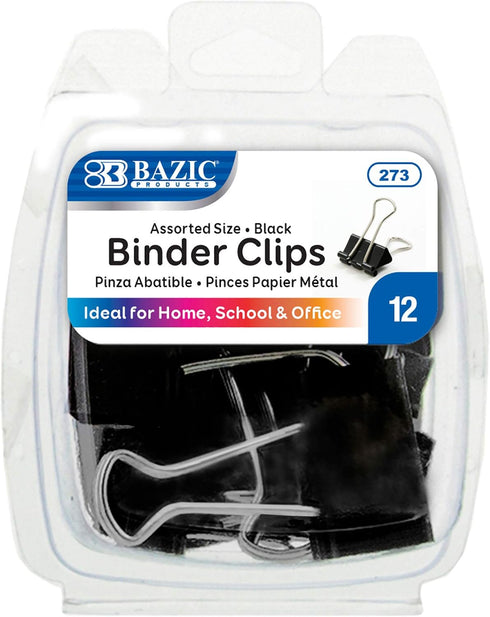 BAZIC Binder Clips Assorted Size Black, Small Medium Large Paper Clamps Paper Clip, Paperclips for Office School Supplies Home (12/Pack), 1-Pack...