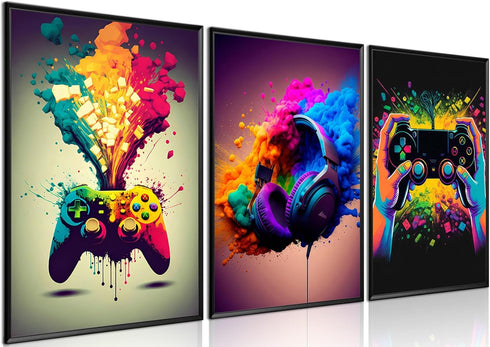 MUWAK Gaming Room Decor Wall Art Set of 3 - Video Gaming Controller Gamer Wall Decor, Gaming Canvas Poster Room Decor for Boys Room Kids Game Room...