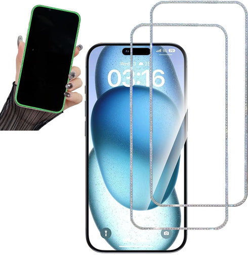 2PCS Glitter Screen Protector suit for iPhone 14 Pro/iPhone 15,Diamond Bling Shiny Shine on Night Sparkling Tempered Glass Suit for iPhone 14 Pro/...