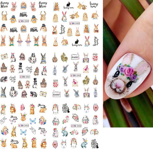 12 Sheets Rabbit Nail Stickers Animal Water Transfer Nail Decals Holographic Art Sticker Decal Rabbit Butterfly Flower Nail Art Design for Women G...