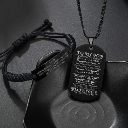 Set of 2 Gift from Mom and Dad You Will Never Lose Customized Dog Tag Necklace with Adjustable Bracelet Braided for Graduation Birthday Valentines...