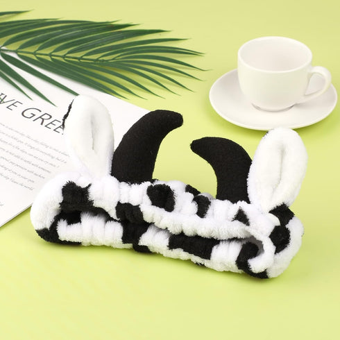 Face Wash Headband, Cute Cow Horns Makeup Spa Face Washing Headbands Animals Ears Skincare Hair Bands Elastic Turban Creative Hair Accessories for...