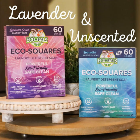 Eco-Squares laundry detergent sheets with zero waste dry soap technology for cleaning linen and clothes in regular and high efficiency top and fro...