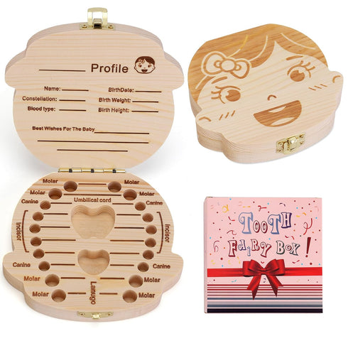 NASHRIO Baby Tooth Box Wooden Kids Keepsake Organizer Gift for Baby Teeth, Cute Children Tooth Container with Tweezers to Keep the Childwood Memor...