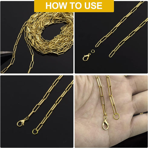 ANCIRS 12 Feet Gold Plated Paperclip Chain for DIY Jewelry Making, 4mm Oval 14K Gold Plated Brass Necklace Paperclip Cable Chain Link for Necklace...