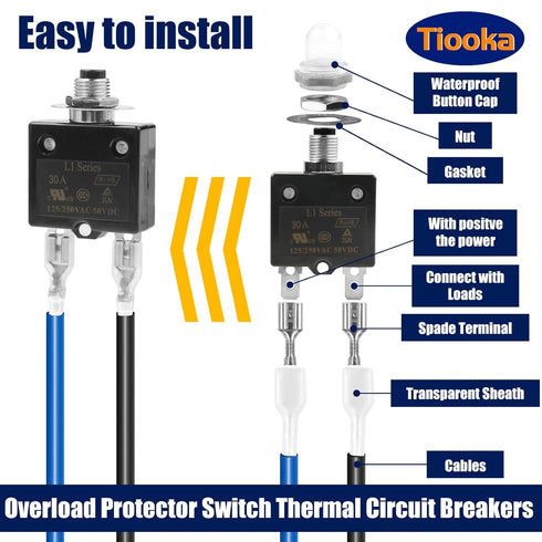 10A Manual Reset Button Circuit Breaker 2 Pack 125/250V AC 50V DC Thermal Overload Protector with Quick Connect Terminals and Waterproof Button Ca...