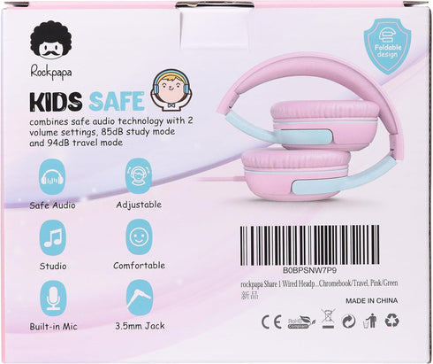 rockpapa Share 1 Kids Headphones Wired with Microphone & Share Port, 85dB/94dB Volume Limited, Cute Foldable Student Child Boys Girls Headphones f...