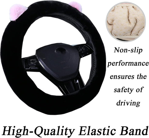 Cartoon Cute Fluffy Steering Wheel Cover for Women Girls,JXJKMMN Furry Ear Steering Wheel Cover Winter Warm Fuzzy Car Steering Wheel Cover Lovely ...