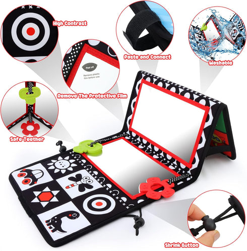 Tummy Time Floor Mirror with Teethers, Double-Sided Baby Mirror Black and White High Contrast Baby Toys for Babies, Baby Montessori Toys Crawling ...