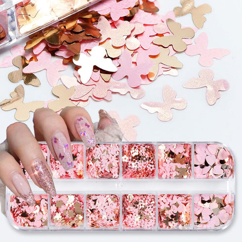 12Grids Valentine's Day Nail Glitter Sequins Holographic Gold Pink Heart Nail Art Glitter Flakes 3D Flower Rabbit Butterfly Charm Nail Sequins Gli...