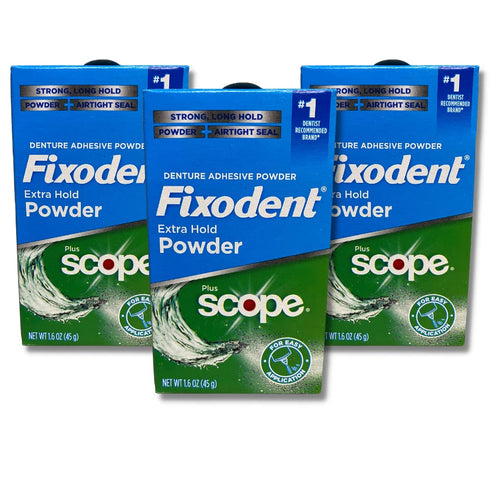 Fixodent Extra Hold Powder Plus Scope Denture Adhesive Strong 1.6oz Pack of 3 (3 Items), 818-0556...