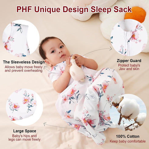 PHF 100% Cotton Baby Sleep Sack, 2-Way Zipper Baby Wearable Blanket, 12-18 Months TOG 0.5 Toddler Sleeping Sack, 2 Pack Sleeveless Soft Sleeping B...