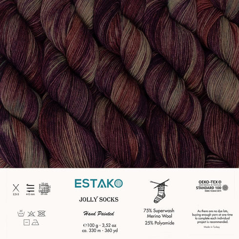 Estako Jolly Socks Hand Painted Yarn 75% Superwash Merino Wool and 25% Polyamide (Fine/Sport 2 Weight) / 3.52 Oz - 100 gr / 360 Yard - 330 mt (726...