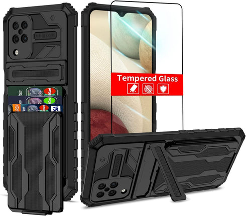 Samsung Galaxy A12 Case with Card Holder Detachable Wallet Cover, Built-in Phone Kickstand Screen Protector Full Body Shockproof Phone Case for Sa...