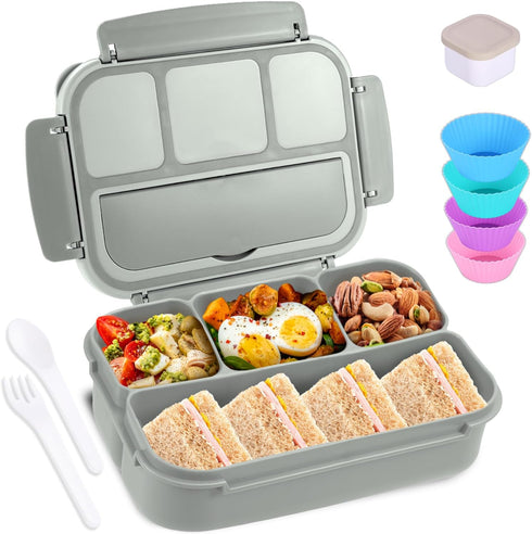 Bento Box Adult Lunch Box, Lunch Containers for Kids Girls Boys with 4 Compartments, Lunchable Food Container with Utensils, Sauce Jar, Muffin Lin...